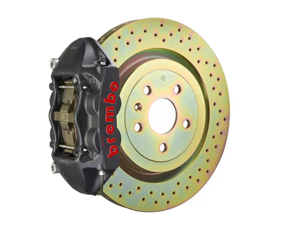 A front view of Brembo GT-S Front Big Brake Kit 323x28 1-Piece 4-Piston Drilled Rotors for Porsche 911S / SC / Carrera 1966-1989 with hard anodized caliper