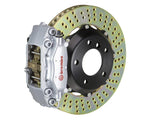 A front view of Brembo GT Rear Big Brake Kit 328x28 2-Piece 4-Piston Drilled Rotors for Porsche 993 C2 / C4 in silver caliper with white background