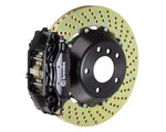 A front view of Brembo GT Rear Big Brake Kit 345x28 2-Piece 4-Piston Drilled Rotors for Toyota Supra 1993-1998 with black calipers with white background