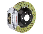 A front view of Brembo GT Rear Big Brake Kit 345x28 2-Piece 4-Piston Drilled Rotors for Toyota Supra 1993-1998 with silver calipers with white background