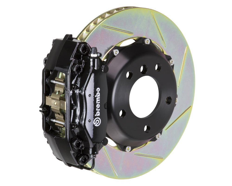 A front view of Brembo GT Rear Big Brake Kit 328x28 2-Piece 4-Piston Slotted Rotors for Porsche 993 C2 / C4 in black caliper with white background
