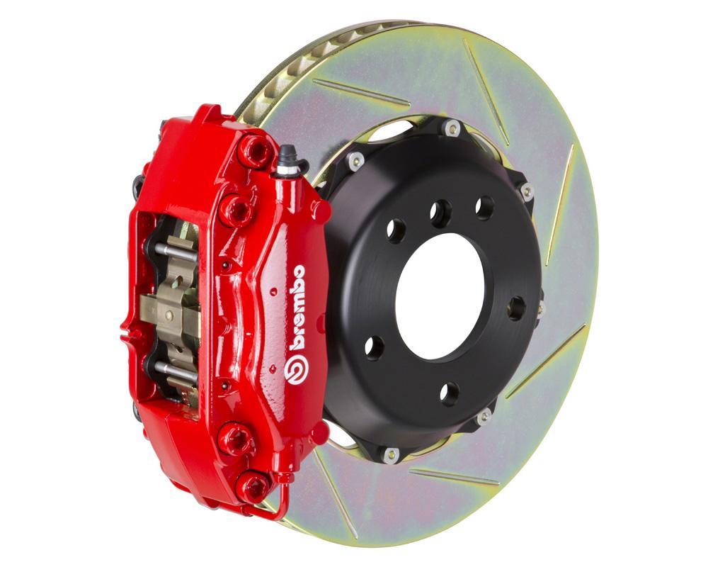 A front view of Brembo GT Rear Big Brake Kit 328x28 2-Piece 4-Piston Slotted Rotors for Porsche 993 C2 / C4 in red caliper with white background