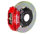 A front view of Brembo GT Rear Big Brake Kit 328x28 2-Piece 4-Piston Slotted Rotors for Porsche 993 C2 / C4 in red caliper with white background