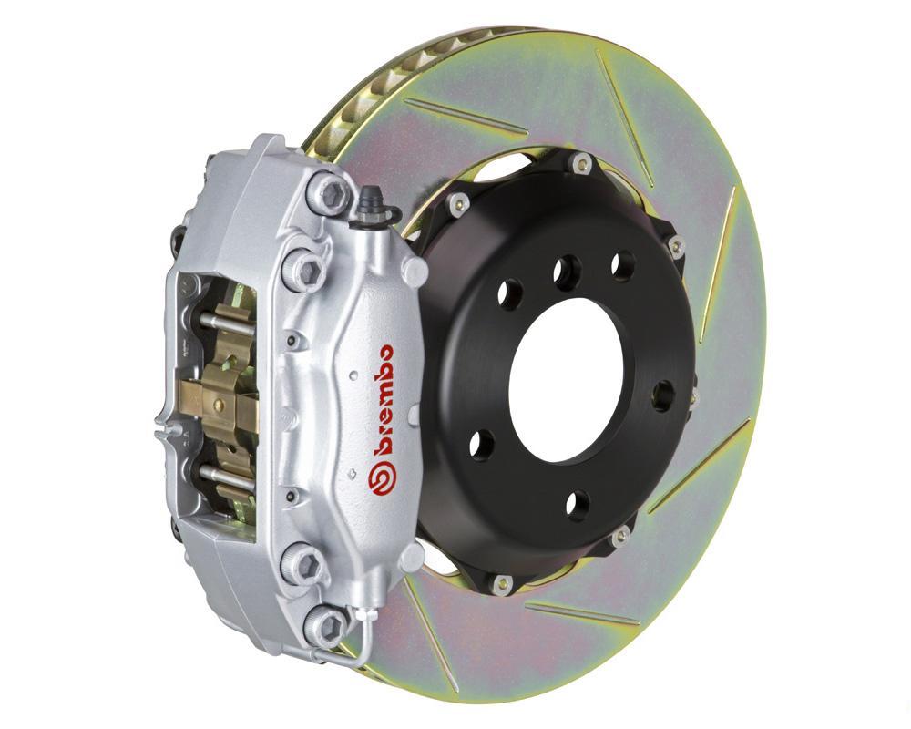 A front view of Brembo GT Rear Big Brake Kit 328x28 2-Piece 4-Piston Slotted Rotors for Porsche 993 C2 / C4 in silver caliper with white background