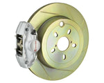 A front view of Brembo GT Rear Big Brake Kit 316x20 1-Piece 2-Piston Slotted Rotors for Subaru Impreza / WRX 2002-2007 with silver caliper with white background