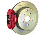 A front view of Brembo GT Rear Big Brake Kit 316x20 1-Piece 2-Piston Slotted Rotors for Subaru Legacy / WRX 2010-2022 with red caliper with white background