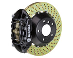 A front view of Brembo GT Rear Big Brake Kit 345x28 2-Piece 4-Piston Drilled Rotors for Porsche 993 C4S / Turbo in black caliper with white background