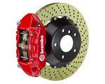 A front view of Brembo GT Rear Big Brake Kit 345x28 2-Piece 4-Piston Drilled Rotors for Porsche 993 C2 / C4 in red caliper with white background