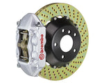 A front view of Brembo GT Rear Big Brake Kit 345x28 2-Piece 4-Piston Drilled Rotors for Porsche 993 C4S / Turbo in silver caliper with white background