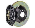A front view of Brembo GT Rear Big Brake Kit 345x28 2-Piece 4-Piston Slotted Rotors for Porsche 993 C4S / Turbo in black caliper with white background