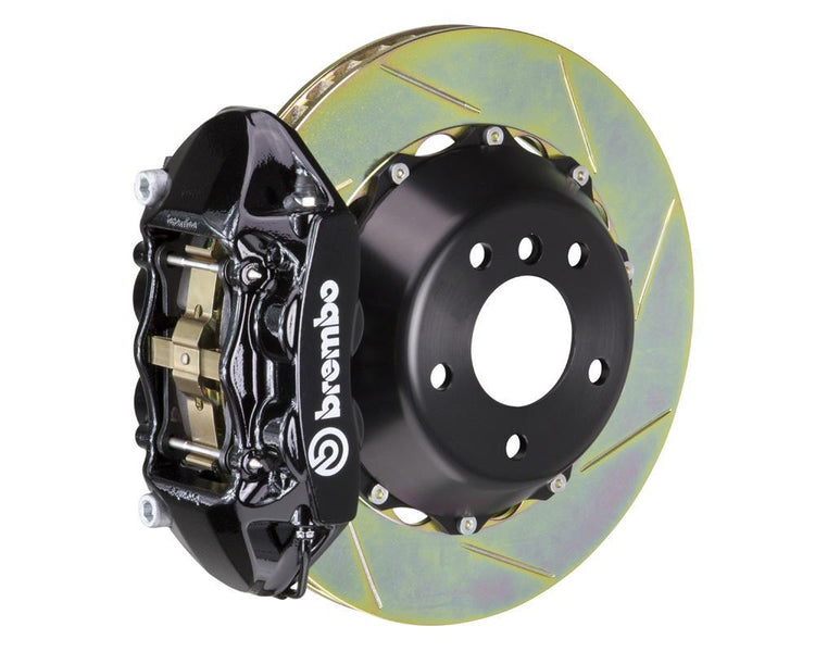 A front view of Brembo GT Rear Big Brake Kit 345x28 2-Piece 4-Piston Slotted Rotors for Porsche 993 C4S / Turbo in black caliper with white background