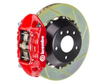 A front view of Brembo GT Rear Big Brake Kit 345x28 2-Piece 4-Piston Slotted Rotors for Porsche 993 C4S / Turbo in red caliper with white background