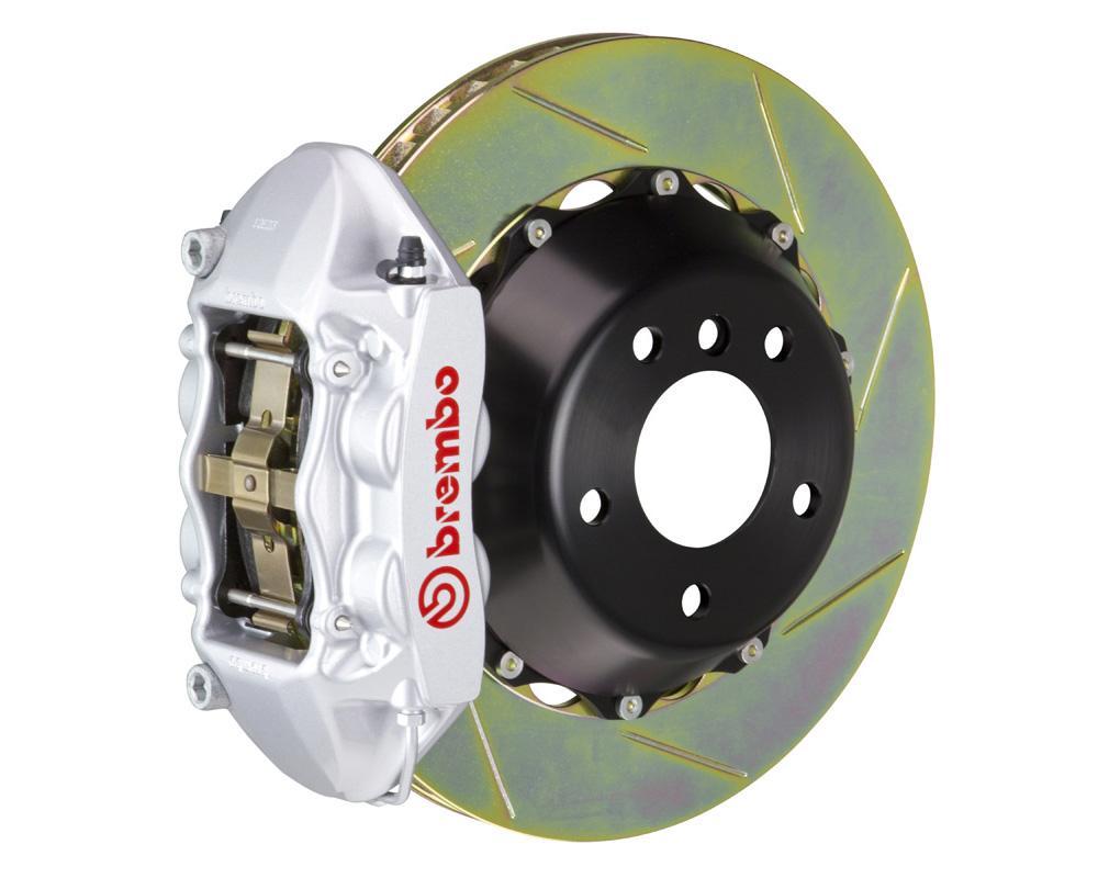 A front view of Brembo GT Rear Big Brake Kit 345x28 2-Piece 4-Piston Slotted Rotors for Porsche 993 C2 / C4 in silver caliper with white background