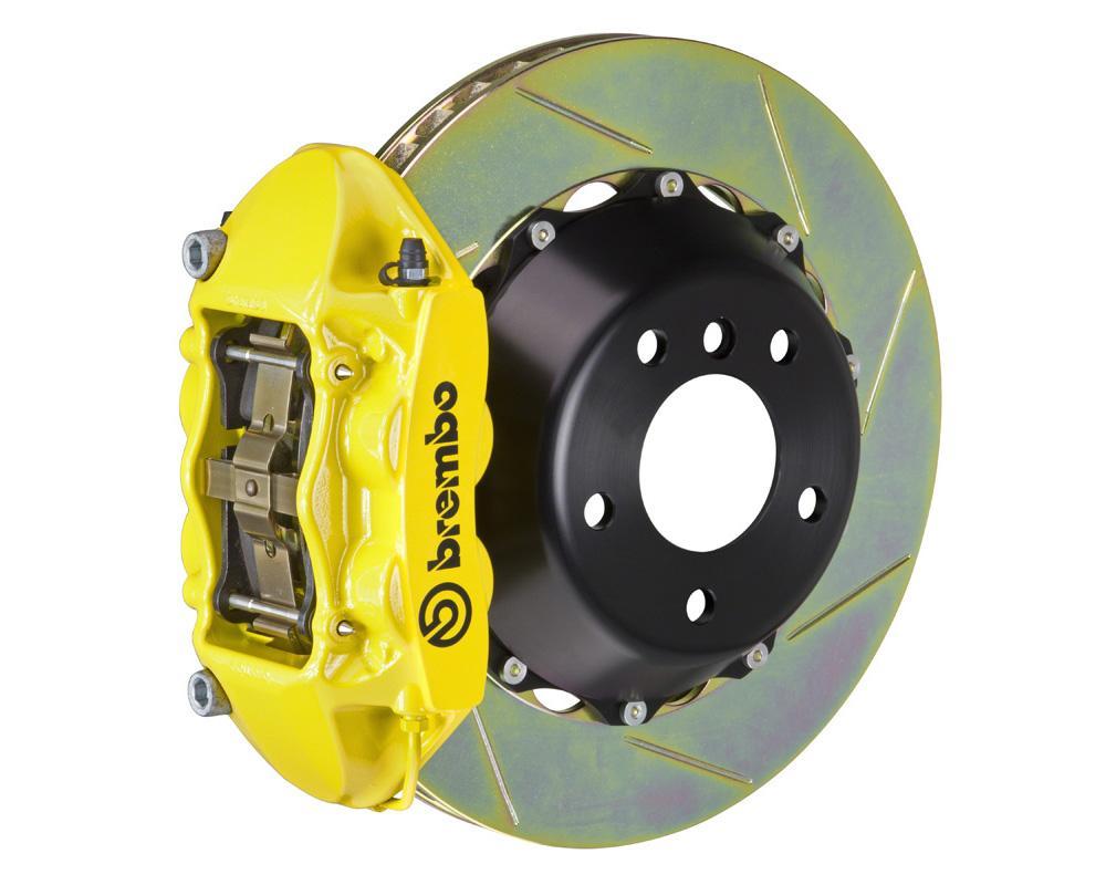 A front view of Brembo GT Rear Big Brake Kit 345x28 2-Piece 4-Piston Slotted Rotors for Porsche 993 C4S / Turbo in yellow caliper with white background