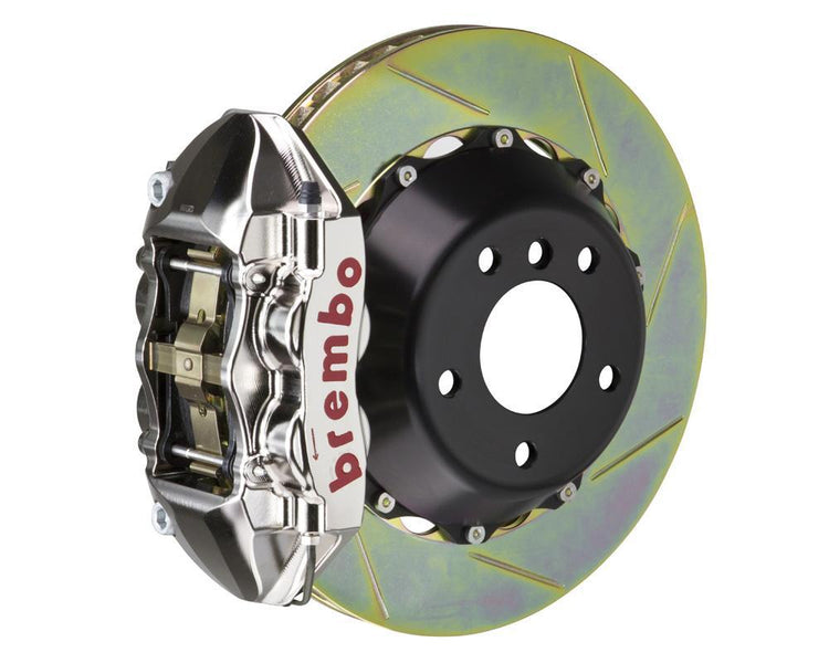 A front view of Brembo GT-R Rear Big Brake Kit 345x28 2-Piece 4-Piston Slotted Rotors for Porsche 993 C4S / Turbo with a white background