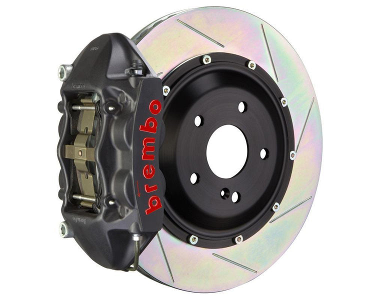 A front view of Brembo GT-S Rear Big Brake Kit 345x28 2-Piece 4-Piston Slotted Rotors for Porsche 993 C4S / Turbo with a white background