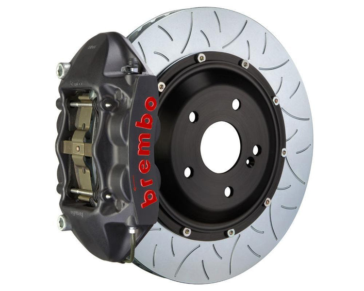 A front view of Brembo GT-S Rear Big Brake Kit 345x28 2-Piece 4-Piston Type 3 Rotors for Porsche 993 C4S / Turbo with a white background