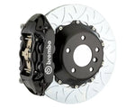 A front view of Brembo GT Rear Big Brake Kit 345x28 2-Piece 4-Piston Type 3 Rotors for Infiniti / Nissan 2007-2016 with black caliper
