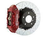 A front view of Brembo GT Rear Big Brake Kit 345x28 2-Piece 4-Piston Type 3 Rotors for Infiniti / Nissan 2007-2016 with red caliper