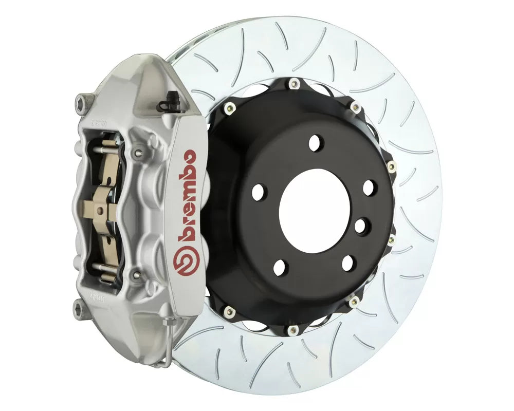A front view of Brembo GT Rear Big Brake Kit 345x28 2-Piece 4-Piston Type 3 Rotors for Infiniti / Nissan 2007-2016 with silver caliper