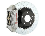 A front view of Brembo GT Rear Big Brake Kit 345x28 2-Piece 4-Piston Type 3 Rotors for Infiniti / Nissan 2007-2016 with silver caliper