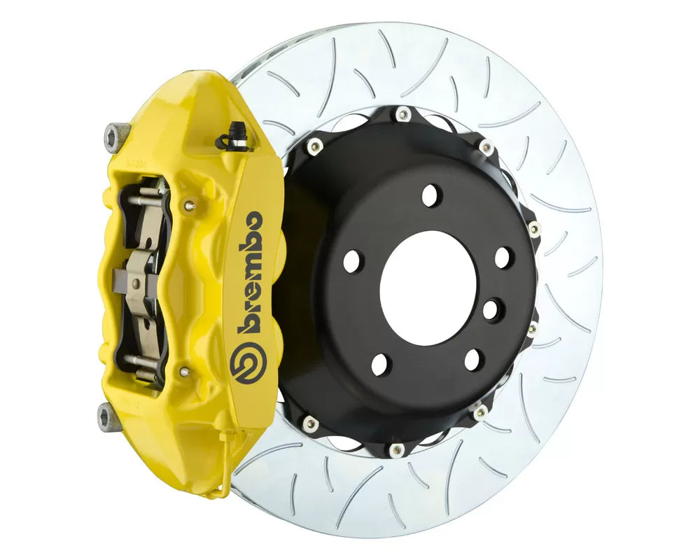 A front view of Brembo GT Rear Big Brake Kit 345x28 2-Piece 4-Piston Type 3 Rotors for Infiniti / Nissan 2007-2016 with yellow caliper