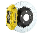 A front view of Brembo GT Rear Big Brake Kit 345x28 2-Piece 4-Piston Type 3 Rotors for Infiniti / Nissan 2007-2016 with yellow caliper