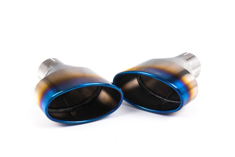 A front view of Milltek Burnt Titanium Tips with white background