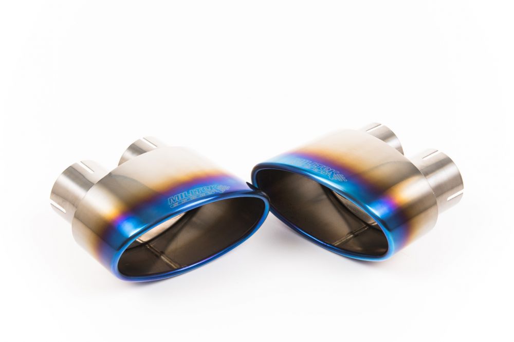 Close-up of burnt titanium oval Milltek Sport exhaust tips for the 2019+ Audi RS5 B9.5 2.9 V6 Turbo Sportback (photo 2)