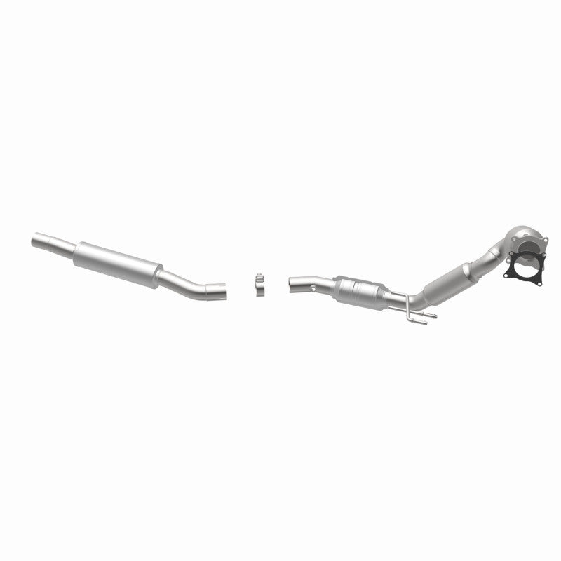MagnaFlow 551522 carb direct-fit catalytic converter, opposite rear three-quarter view of the turntable spin