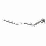 MagnaFlow 551522 carb direct-fit catalytic converter, opposite rear three-quarter view of the turntable spin