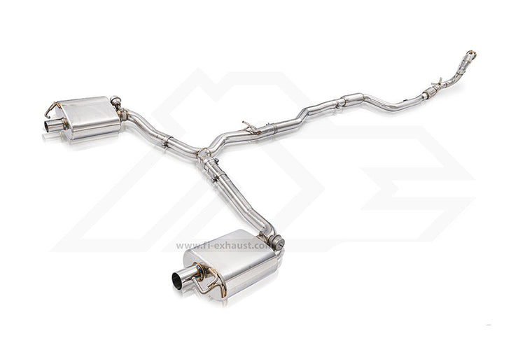 A front view of Fi EXHAUST Valvetronic Cat-Back System for Mercedes-Benz C238 E300 Coupe 2017-2020 with white background