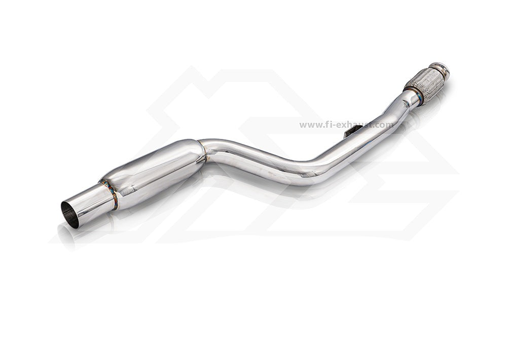 A front view of Fi EXHAUST Valvetronic Cat-Back System for Mercedes-Benz C238 E300 Coupe 2017-2020 downpipe with white background