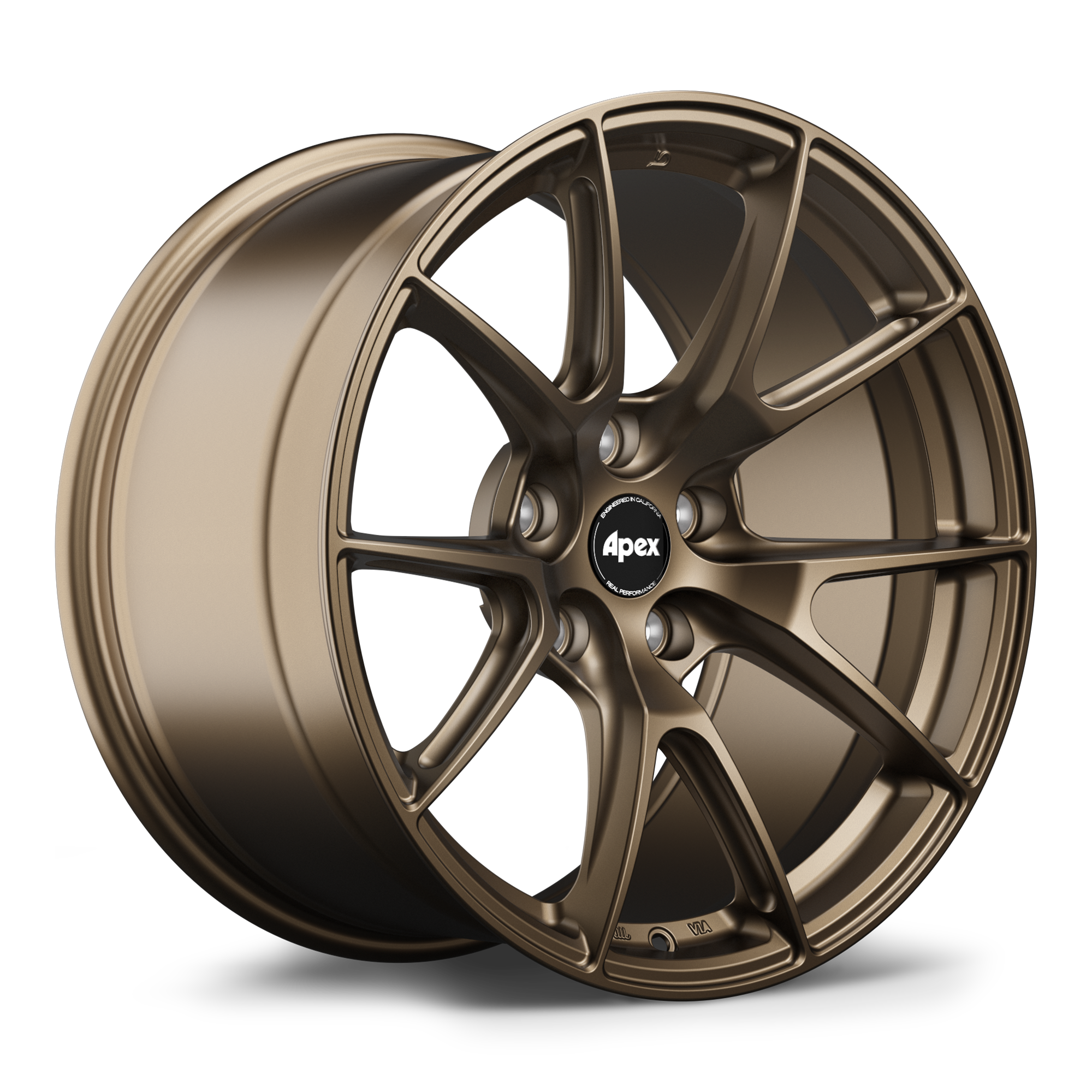 Bronze alloy wheel with split-spoke design and center cap, showing both face and barrel profile - APEX Wheels wheel for 18x10.5 ET22 5x114.3 - Satin Bronze