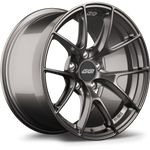 Gunmetal finished alloy wheel with split five-spoke design and center cap on white background - APEX Wheels wheel for 17x9 ET35 5x100 - Anthracite