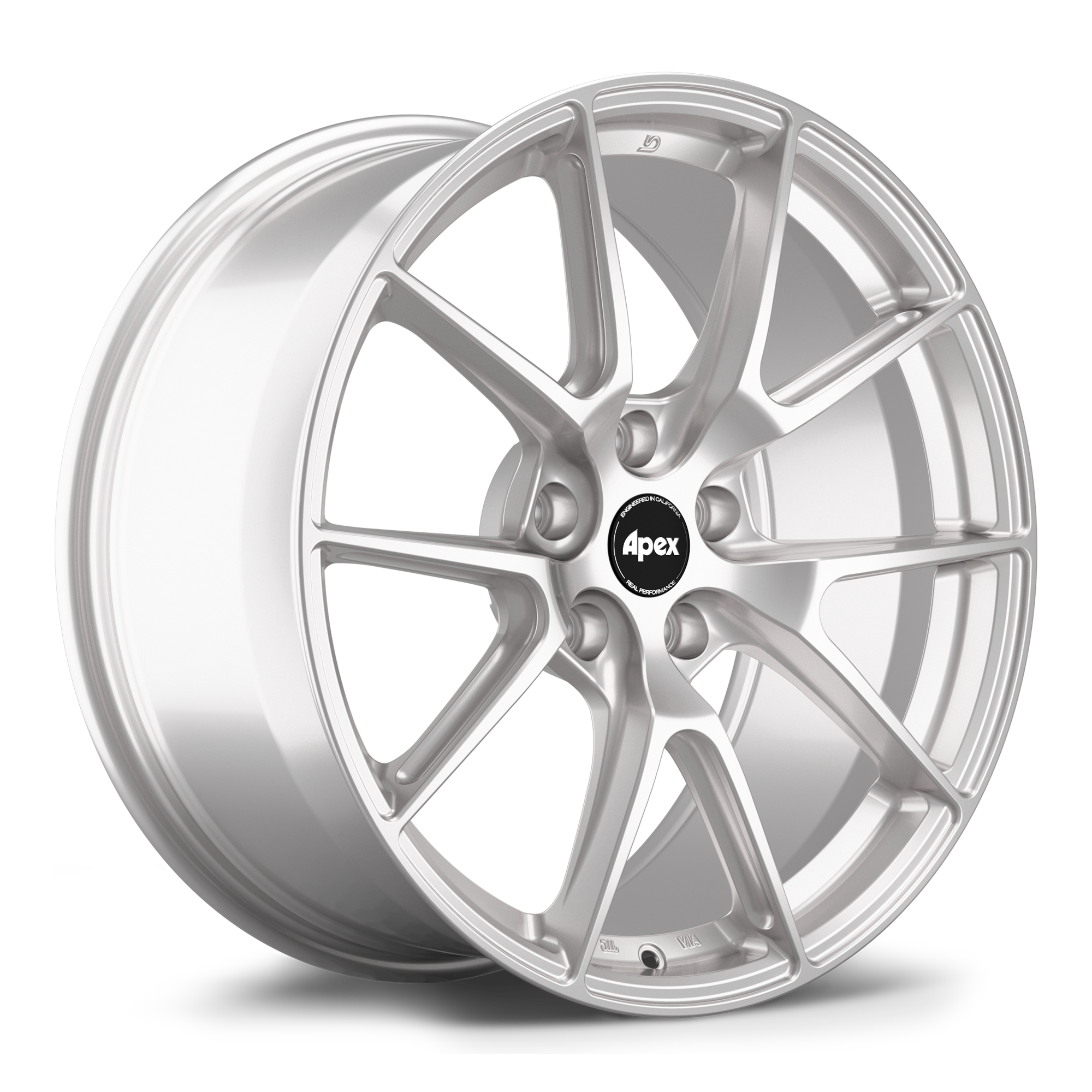 Silver alloy wheel with ten-spoke design and black center cap on white background - APEX Wheels wheel for 19x9 ET42 5x112 - Race Silver