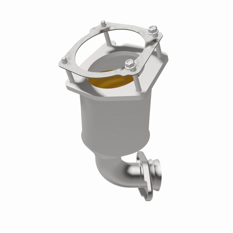 MagnaFlow 4561110 carb direct-fit catalytic converter, front three-quarter view of the turntable spin