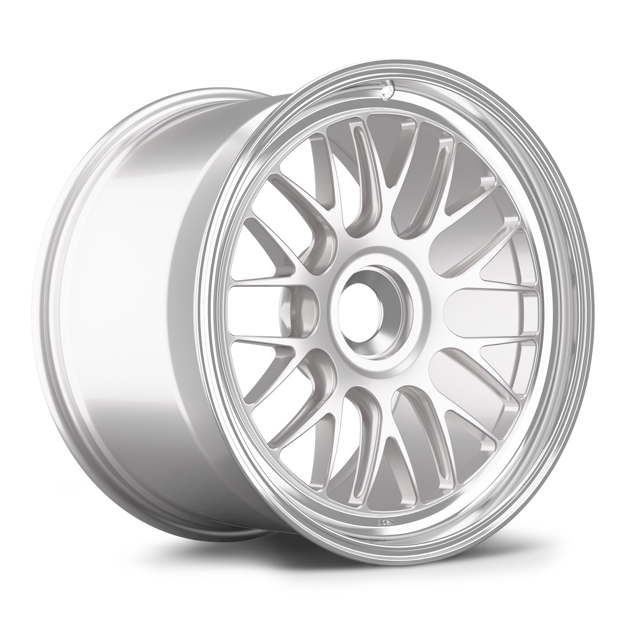 Silver forged aluminum wheel with multi-spoke design and polished lip isolated on white background - APEX Wheels wheel for 19x12 ET46 PSCL - Race Silver - Machined Lip