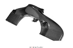 Curved carbon fiber intake tube with MAF sensor mount and black couplers on white background - Eventuri cold air intake for Toyota GR 86