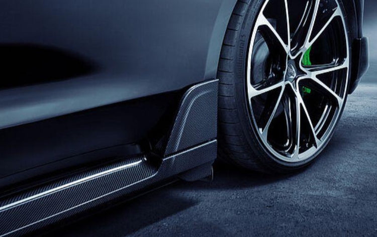 A close up view of TECHART Carbon Fiber Sideskirt with Fins Porsche Taycan 2019+