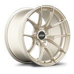 Single alloy wheel in gold finish with split-spoke design and black center cap on white background - APEX Wheels wheel for 18x11 ET44 5x120 - Motorsport Gold
