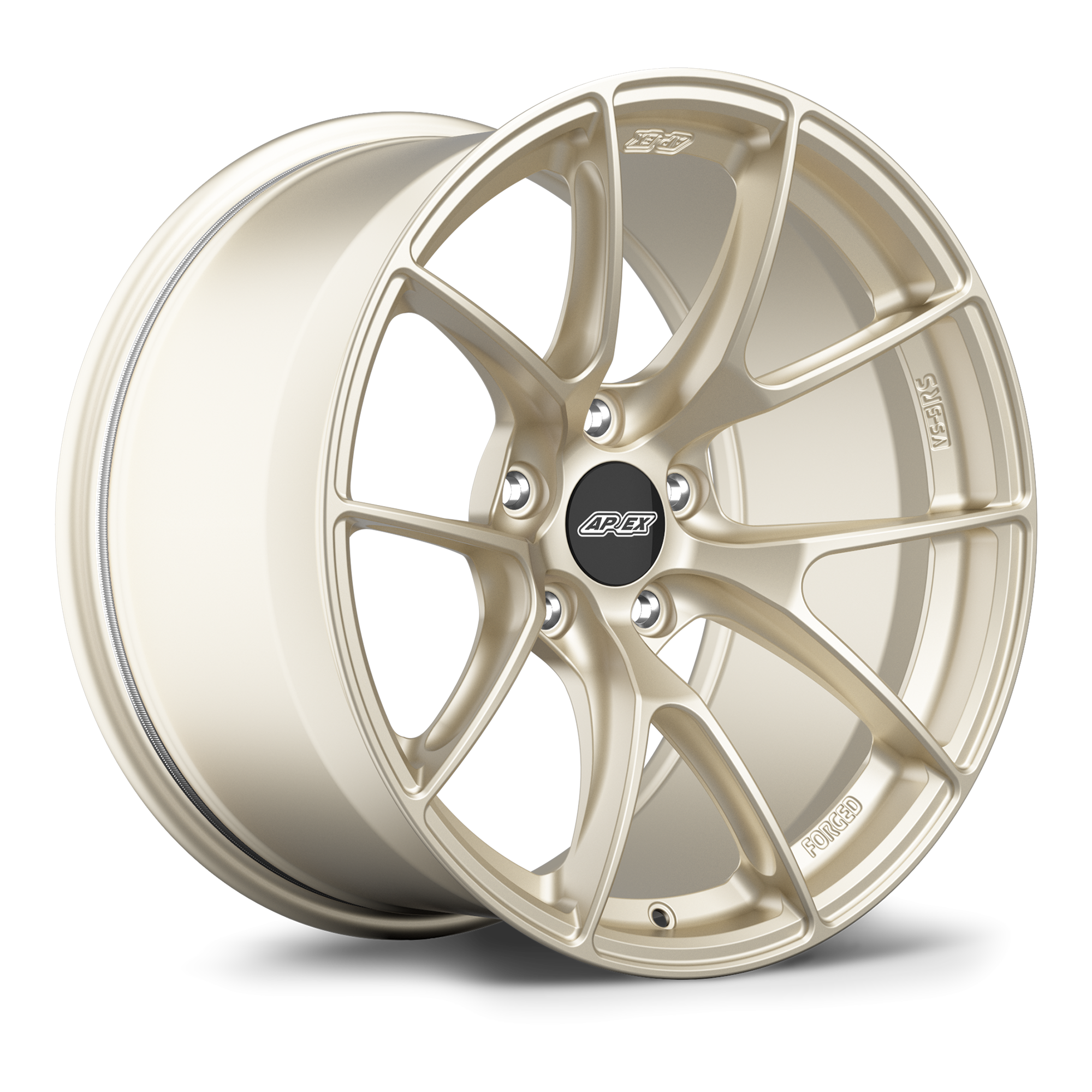 Champagne gold finished alloy wheel with ten-spoke design and black center cap on white background - APEX Wheels wheel for 18x10.5 ET47 5x120 - Motorsport Gold