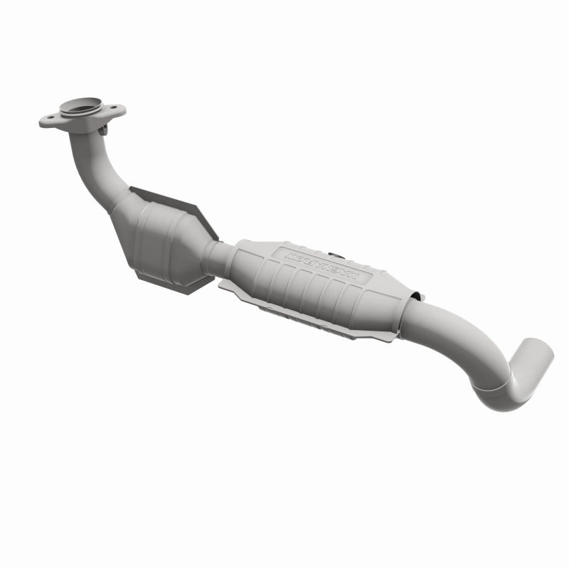 MagnaFlow 5481238 carb direct-fit catalytic converter, opposite front three-quarter view of the turntable spin
