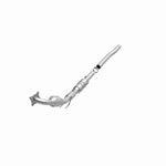 MagnaFlow 551887 carb direct-fit catalytic converter, opposite front three-quarter view of the turntable spin
