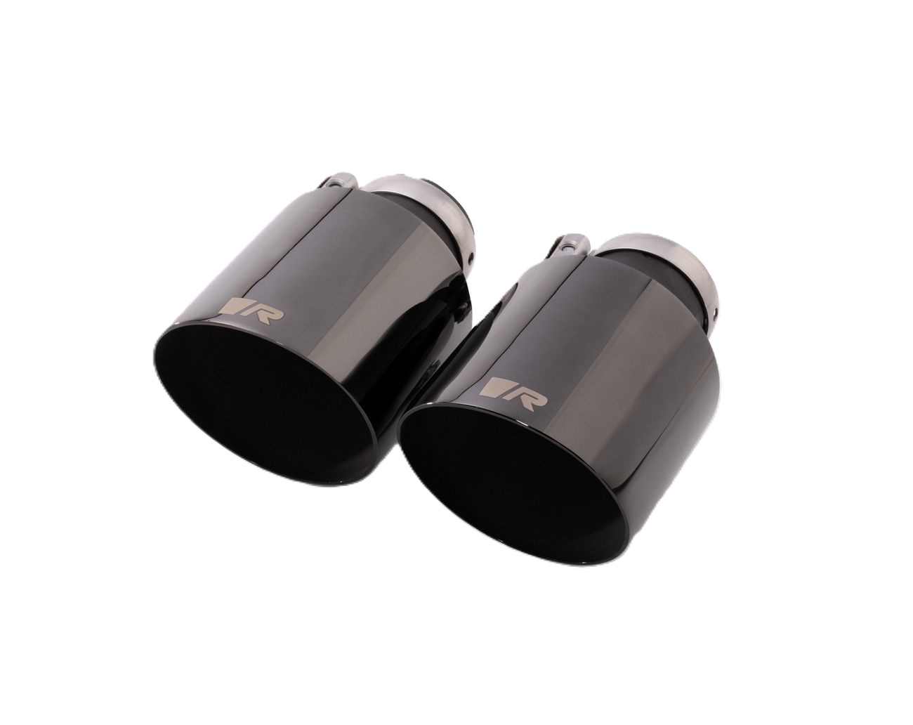 Pair of black chrome angled tail pipes, dark backdrop, Black Chrome Angled 102mm tips for Remus Mk7 GTI Axle-Back Facelift