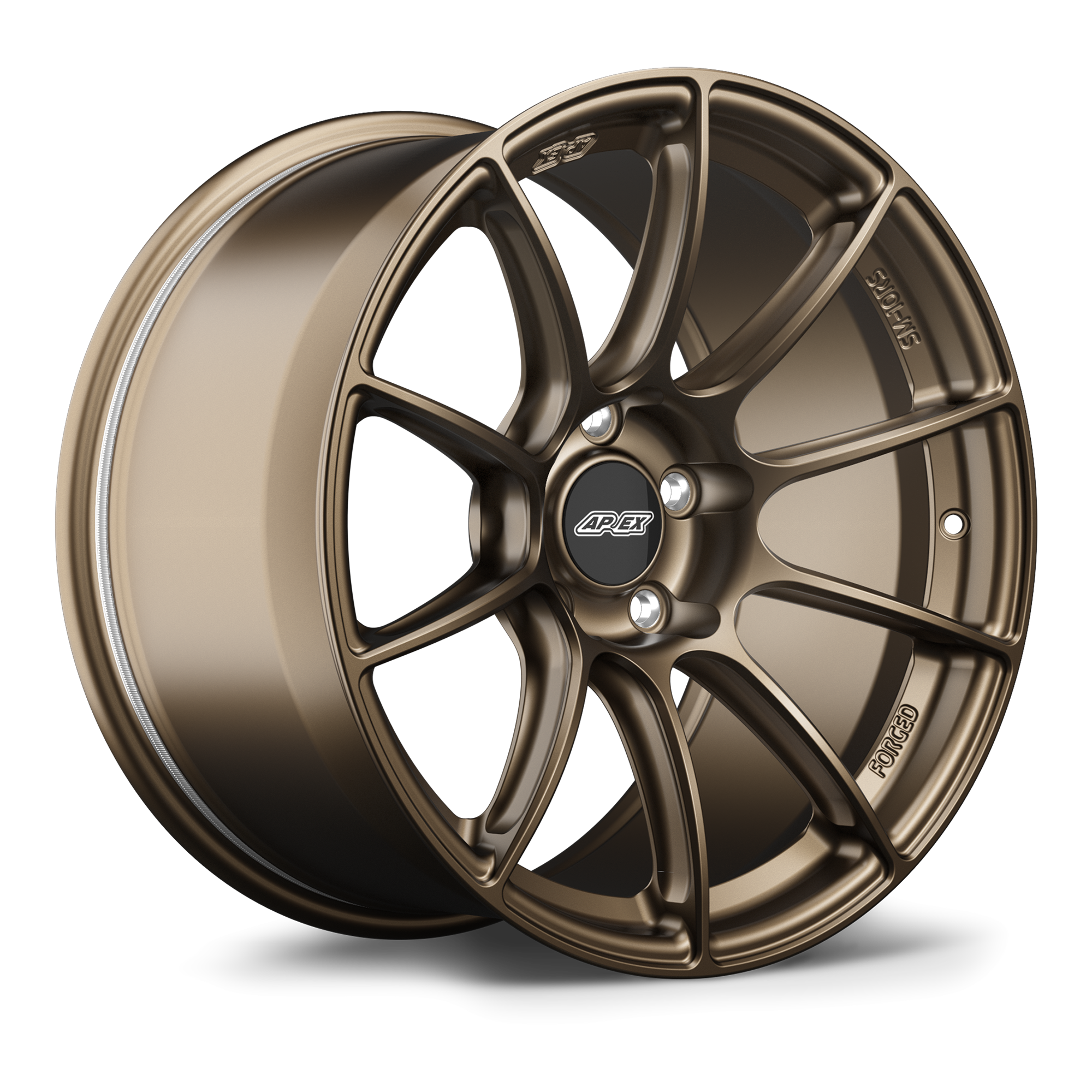 Bronze finished alloy wheel with ten-spoke design and black center cap displayed on clean white background - APEX Wheels wheel for 18x9 ET23 5x114.3 - Satin Bronze