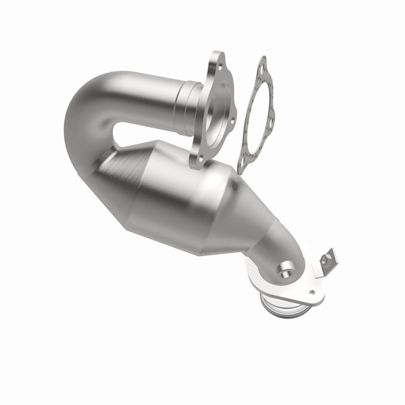 MagnaFlow 5582519 carb direct-fit catalytic converter, opposite front three-quarter view of the turntable spin