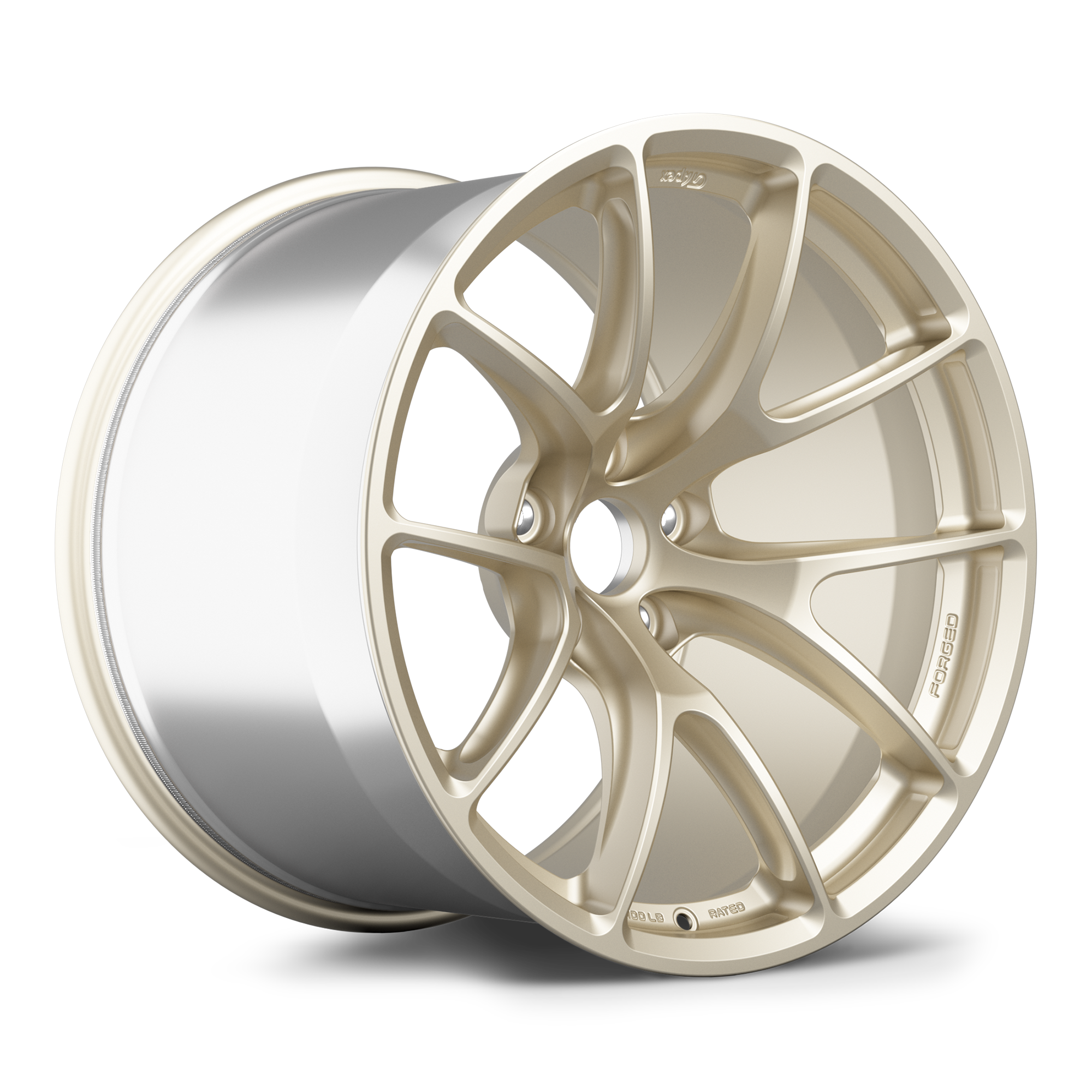 Single forged aluminum wheel with champagne gold face finish and polished silver barrel shown at three-quarter angle - APEX Wheels wheel for 20x11 ET45 PSCL - Motorsport Gold