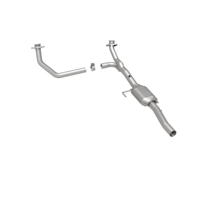 MagnaFlow 4451215 carb direct-fit catalytic converter, rear three-quarter view of the turntable spin