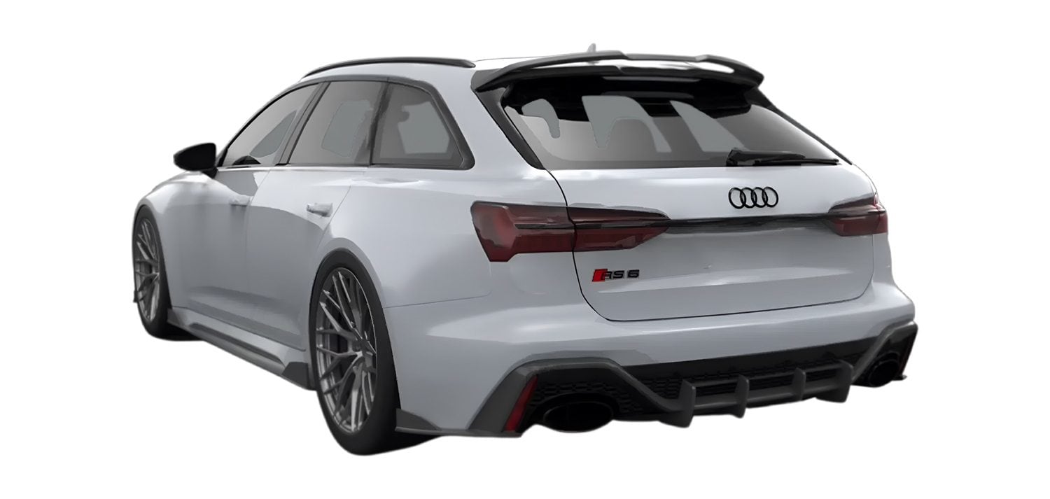 Render of a silver Audi RS6 Avant rear three-quarter with carbon diffuser